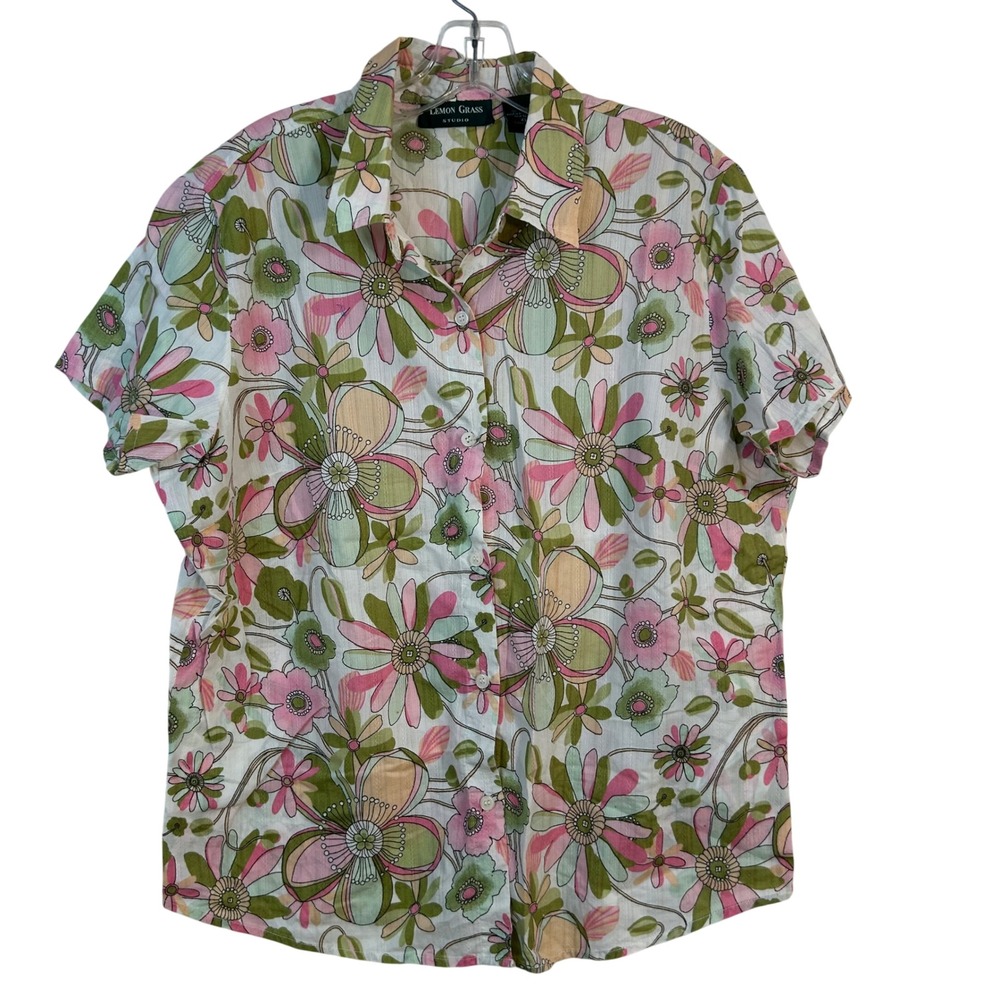 Lemon Grass Studio Womens XL Pink Green Floral Cotton Button Down Shirt Blouse‎